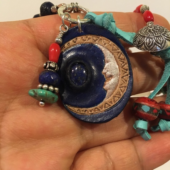 Boho Sundance Style Celestial Gemstone Turquoise Hill Tribe Silver Bracelet - Picture 3 of 10